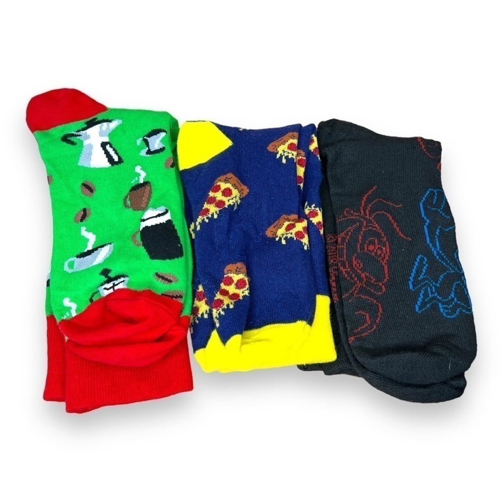 SET OF 3 FUN SOCKS MENS SIZING PIZZA COFFEE REN AND STIMPY COLORFUL